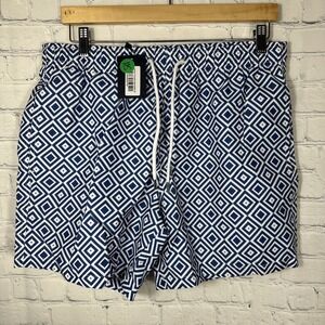 NEW Collars & Co Swim Trunks Mens Medium Navy Geo Board Shorts Swimwear